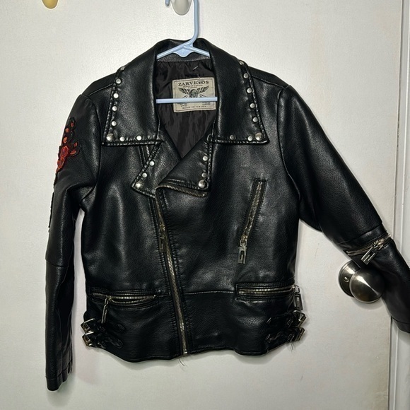 Kids zarv motorcycle faux leather jacket, embroidered rose design biker jacket L - Picture 1 of 6